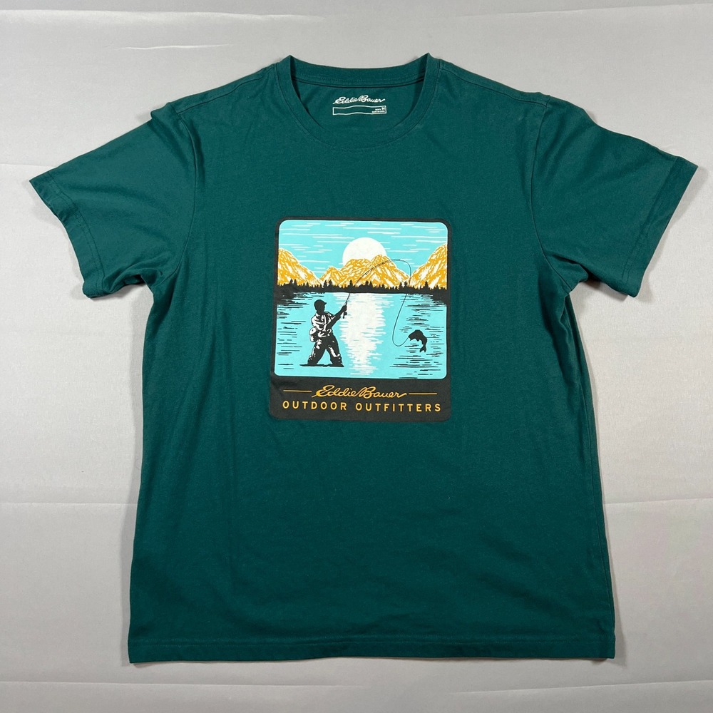 Eddie Bauer Outdoor Outfitters T Shirt Men M Green Fisherman On A Lake Graphic